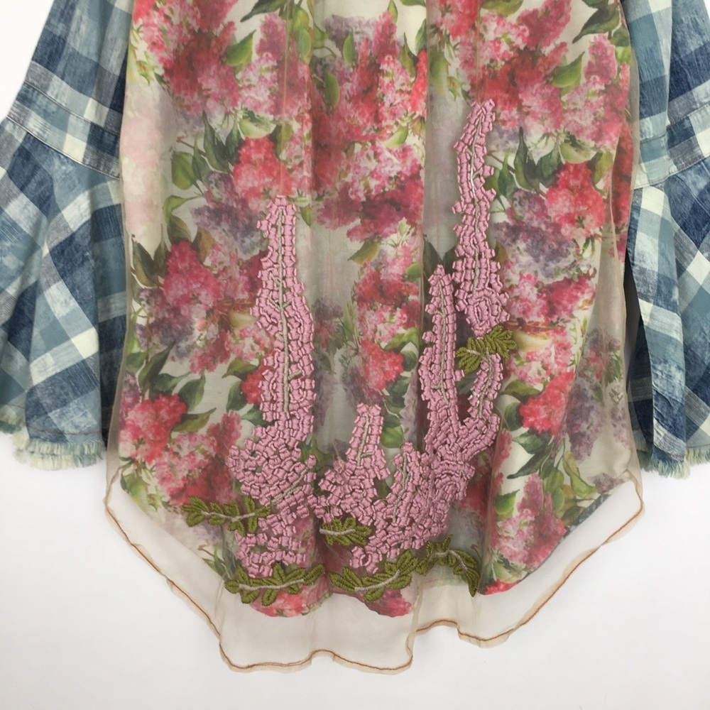 Aratta Silent Journey Plaid Chambray Floral Embroidered Button Down Top Blouse - Picture 12 of 16